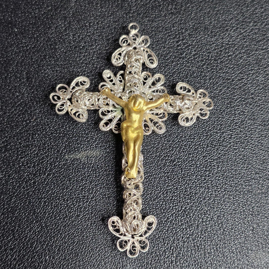 Sterling Silver 925 Vintage Filigree Crucifix Pendant Corpus Cross 3 Inch