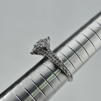 Sterling Silver CZ Halo Ring Size 6 Round Clear Stones Ornate Filigree Band