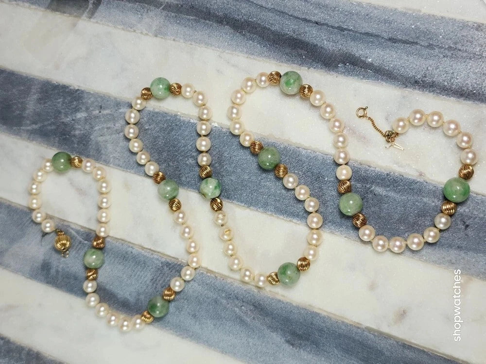 Pearl Jade Gold Beaded Necklace 30" 12K GF Beads 10K Gold Clasp Vintage