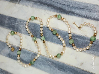 Pearl Jade Gold Beaded Necklace 30" 12K GF Beads 10K Gold Clasp Vintage