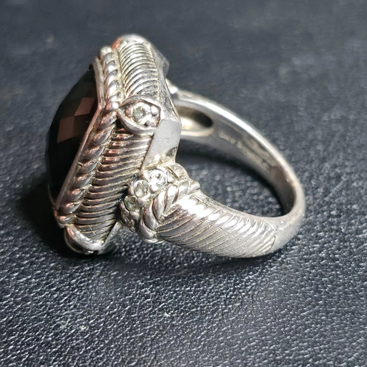 Judith Ripka Sterling Silver Black Onyx Ring Checkerboard CZ Accents Size 7.75
