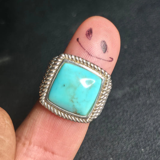 Vintage Sterling Silver Turquoise Ring Square Cabochon Rope Bezel Filigree Sz 6