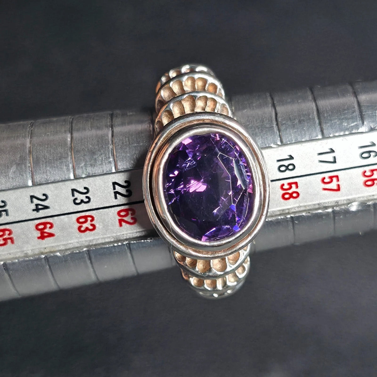 Sterling Silver Purple Oval Faceted Stone Ring Sz 9.25 Beaded Band