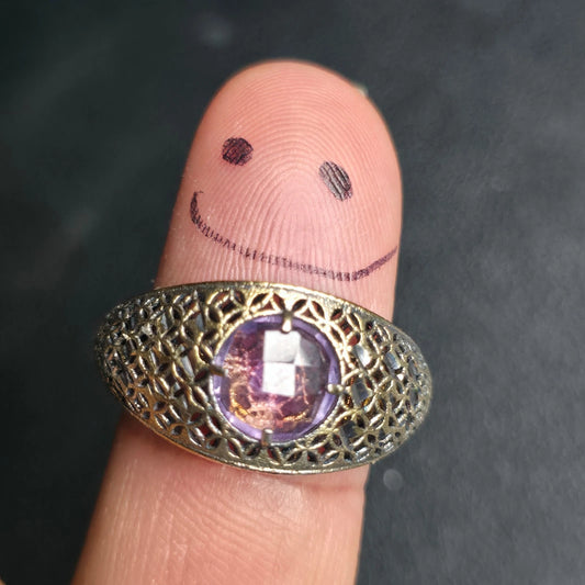 Sterling Silver Art Deco Filigree Dome Ring Purple-Pink Stone Sz 9