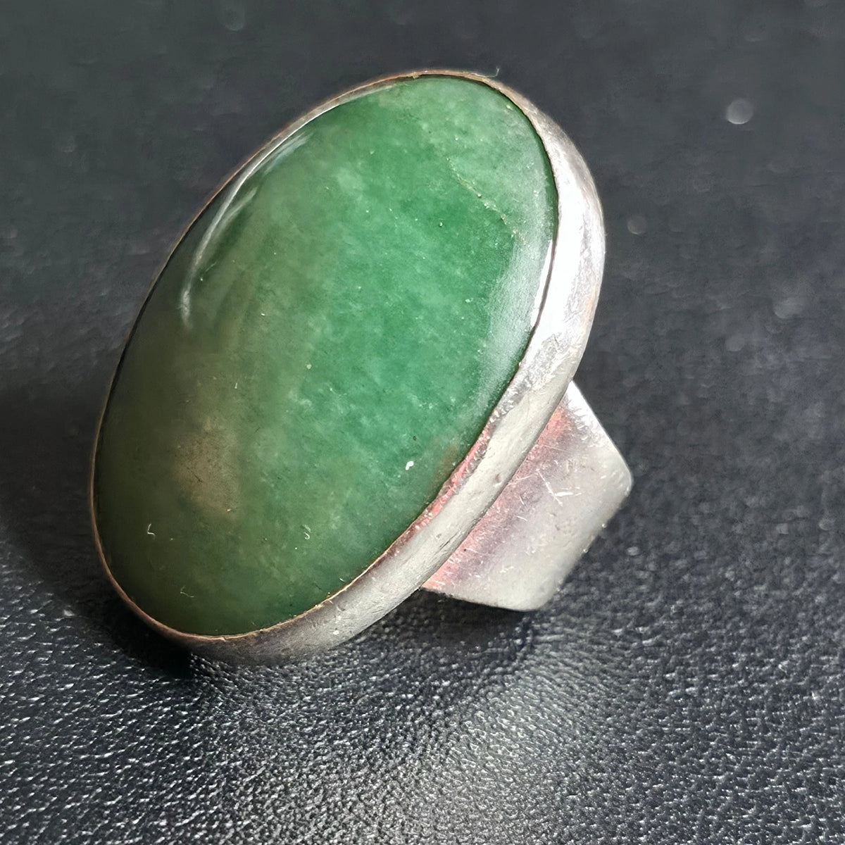 Sterling Silver Green Stone Oval Ring Size 6 Stamped 950 Wide Band