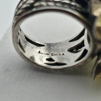 Sterling Silver Bronze Flower Ring Size 7 Yellow Floral Turquoise Cabochon 925