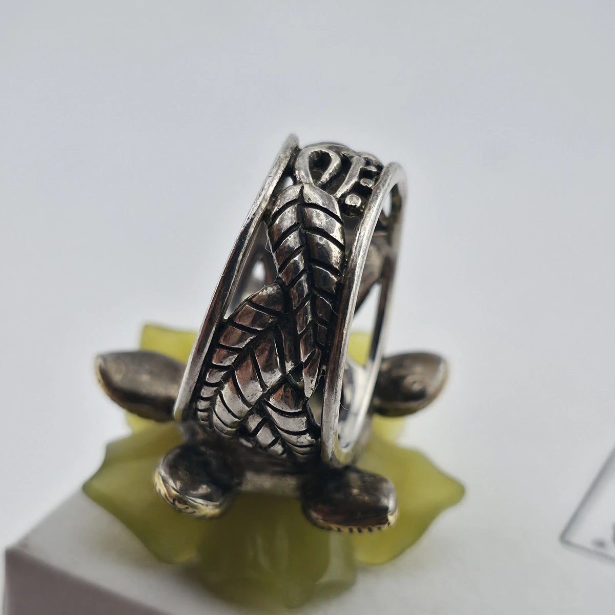 Sterling Silver Bronze Flower Ring Size 7 Yellow Floral Turquoise Cabochon 925