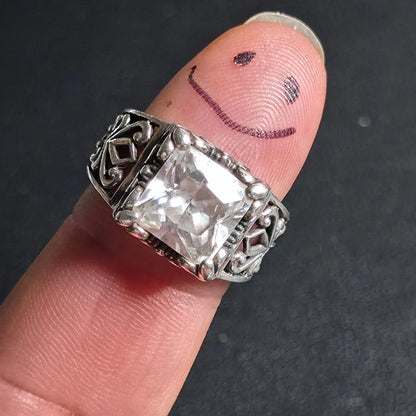 Sterling Silver 925 Filigree Square White Stone Ring Size 8.5