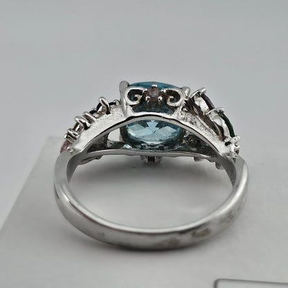 Thomas Kinkade BGE 925 Sterling Silver Multi Gem Floral Ring Blue Stone Size 9