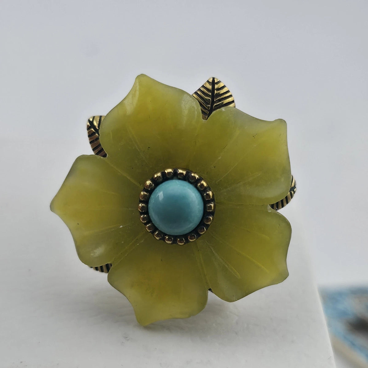 Sterling Silver Bronze Flower Ring Size 7 Yellow Floral Turquoise Cabochon 925