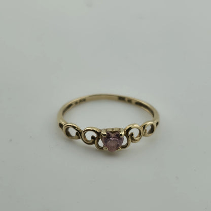 10K Yellow Gold Ring Heart Shaped Pink CZ Stone Size 7.5 1g Vintage