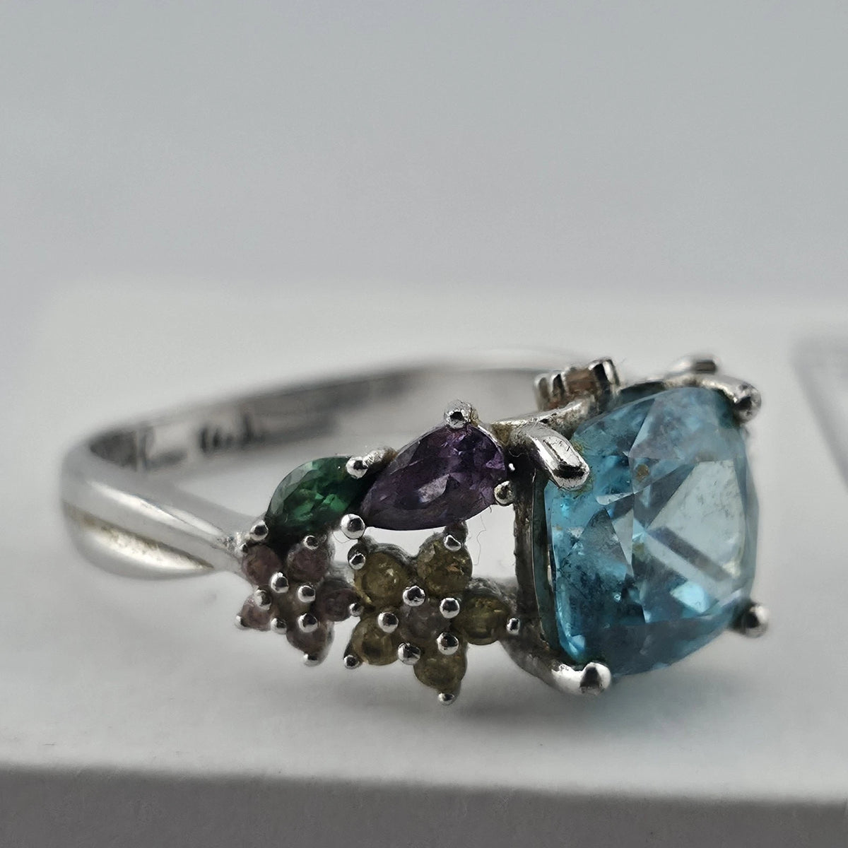 Thomas Kinkade BGE 925 Sterling Silver Multi Gem Floral Ring Blue Stone Size 9