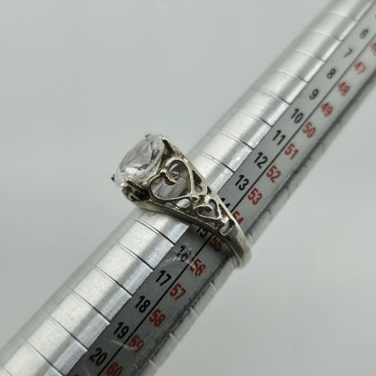 Sterling Silver 925 Large Clear Stone Ring Filigree Heart Vintage Size 7.5