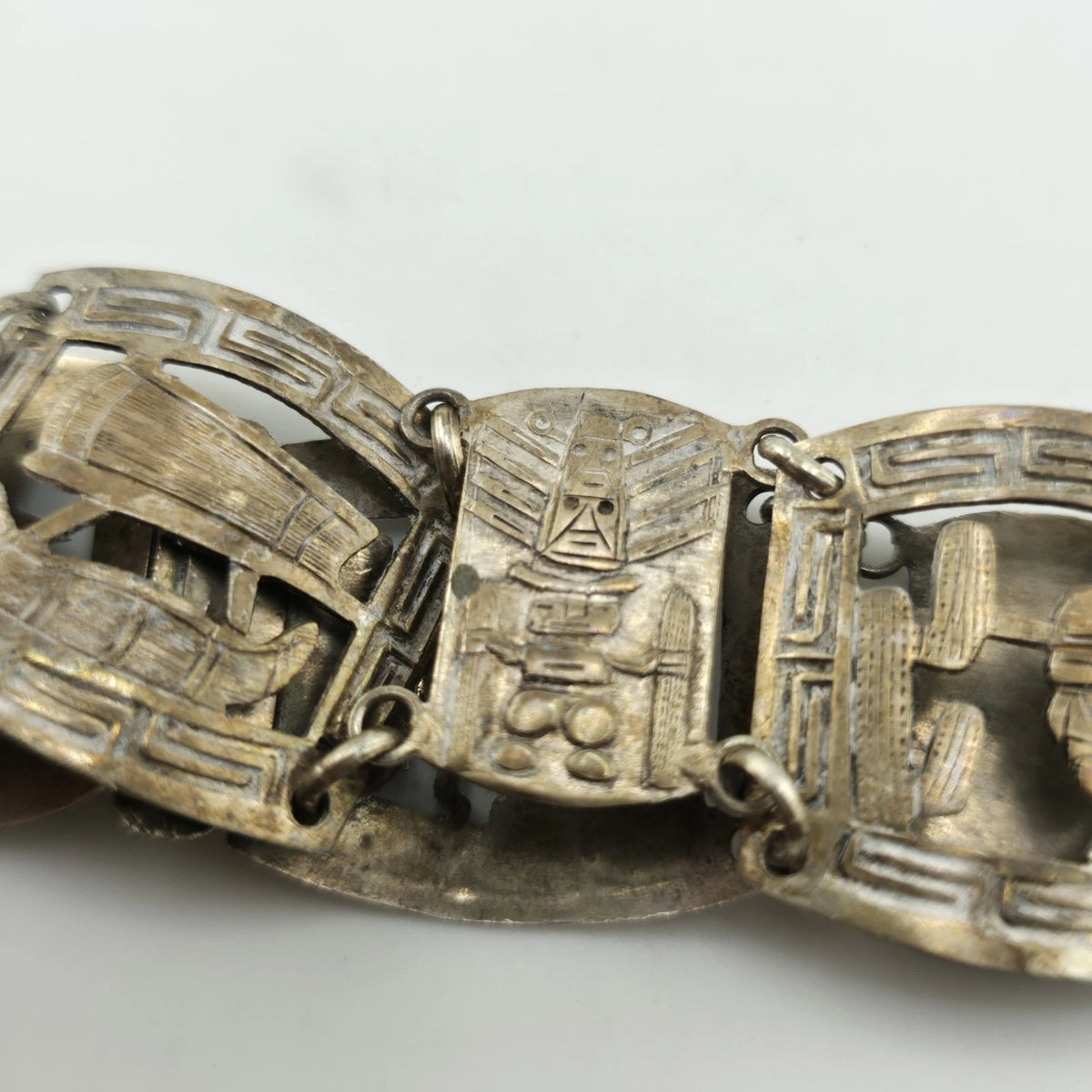 Vintage Sterling Peruvian Story Panel Link Bracelet Cultural Motif Design 15.5g