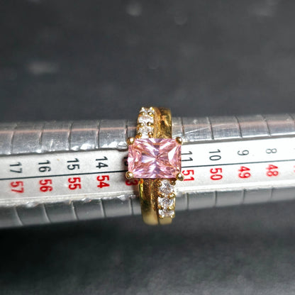Gold Tone Pink Rectangle Stone Ring Sz 7 Clear Accents One Clear Stone Missing