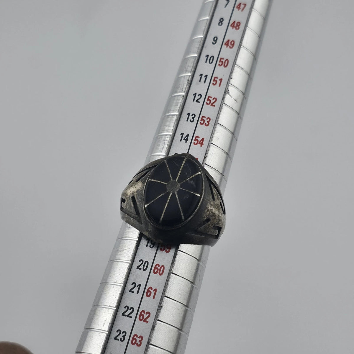 Vintage Sterling Silver Black Onyx Signet Ring Size 8 Inlay Sunburst Patina