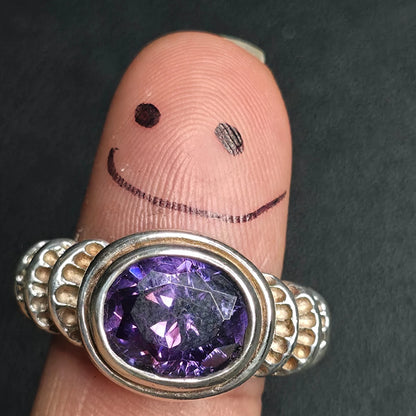 Sterling Silver Purple Oval Faceted Stone Ring Sz 9.25 Beaded Band