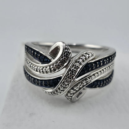 Sterling Silver Blue & Clear Stone Wave Ring Size 7 925 Statement Band