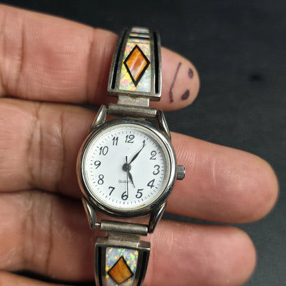 Earl Plummer Navajo Sterling Silver Opal Inlay Watch Bracelet Native American