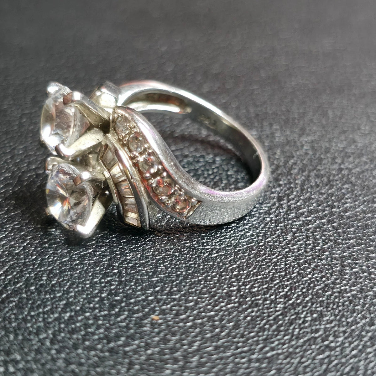 Sterling Silver Two Stone Clear Round Bypass Ring Size 7.5-8 Channel Set