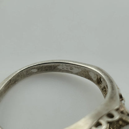 Sterling Silver 925 Large Clear Stone Ring Filigree Heart Vintage Size 7.5