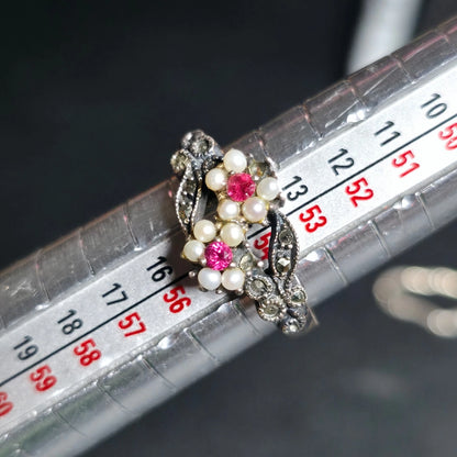 Sterling Silver 925 Pearl Floral Ring Pink Stones Sz 7 One Stone Missing