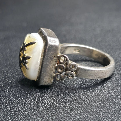 Sterling Silver 925 Mother of Pearl Statement Ring Size 7 Artisan Scroll Design