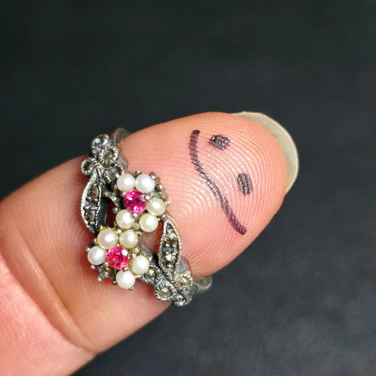 Sterling Silver 925 Pearl Floral Ring Pink Stones Sz 7 One Stone Missing