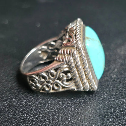 Vintage Sterling Silver Turquoise Ring Square Cabochon Rope Bezel Filigree Sz 6