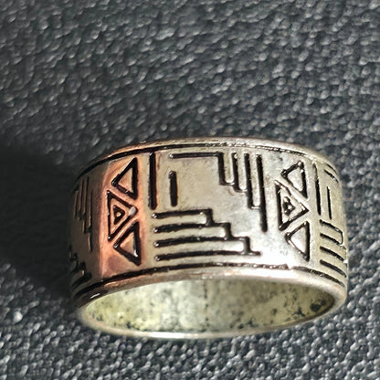Silver Tone Copper Ring Size 5.5 Peruvian Aztec Tribal Wide Band
