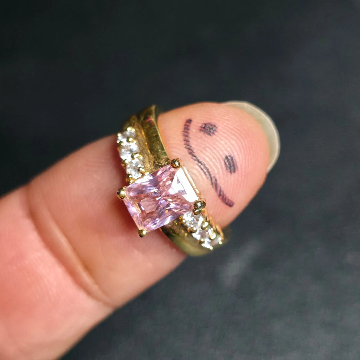 Gold Tone Pink Rectangle Stone Ring Sz 7 Clear Accents One Clear Stone Missing