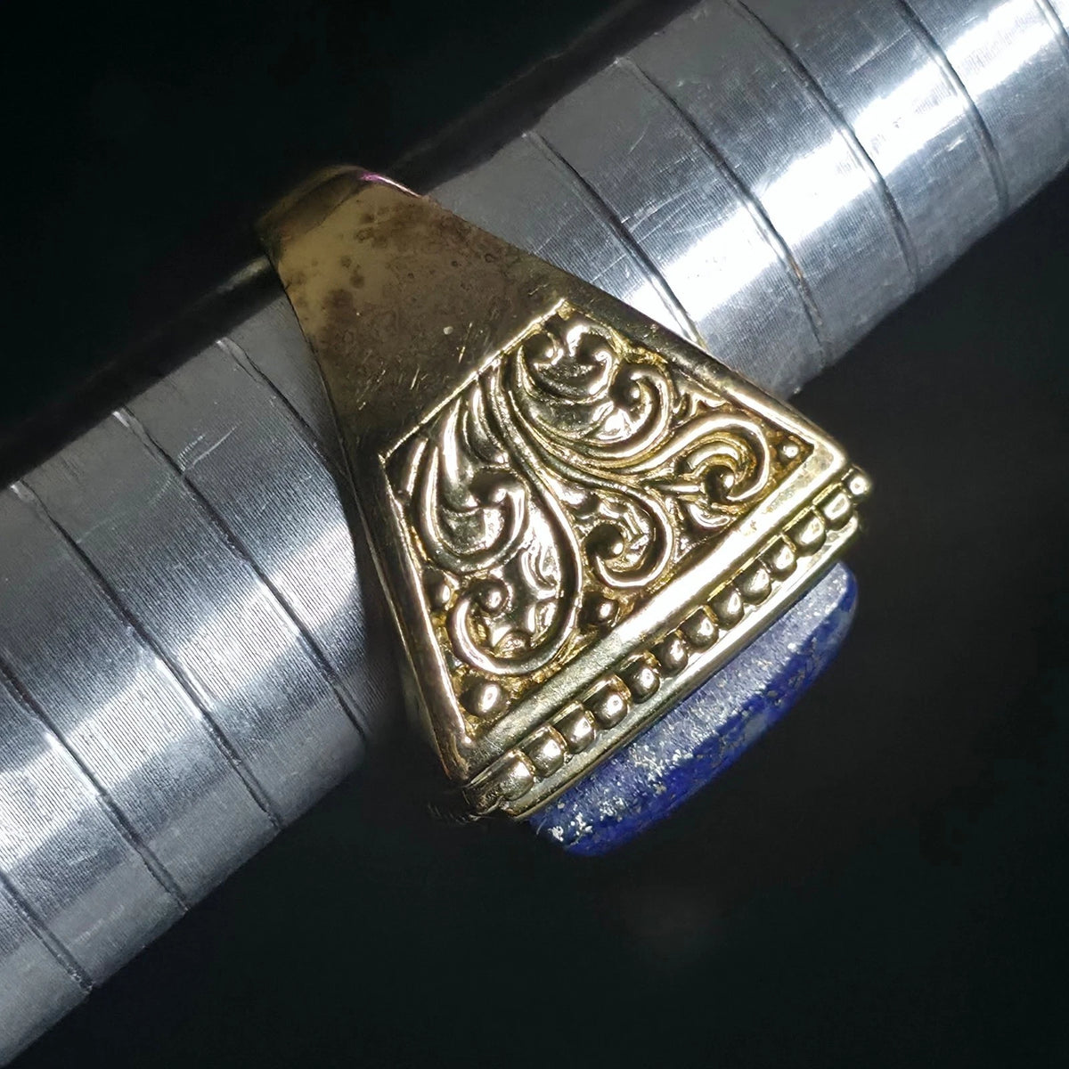 Gold Over Sterling Silver Lapis Lazuli Ring Size 8 Rectangle Ornate BBJ 925
