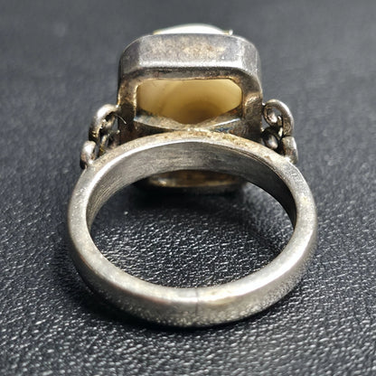 Sterling Silver 925 Mother of Pearl Statement Ring Size 7 Artisan Scroll Design