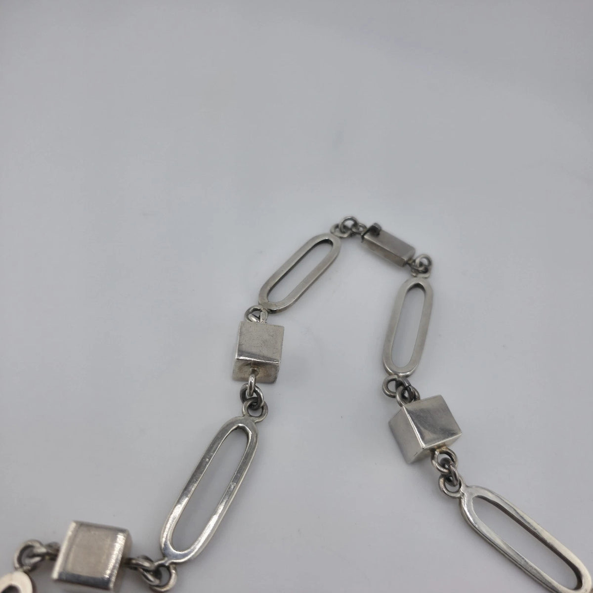 Vintage Sterling Silver 925 Mexico Geometric Cube Oval Link Necklace 80g 23"