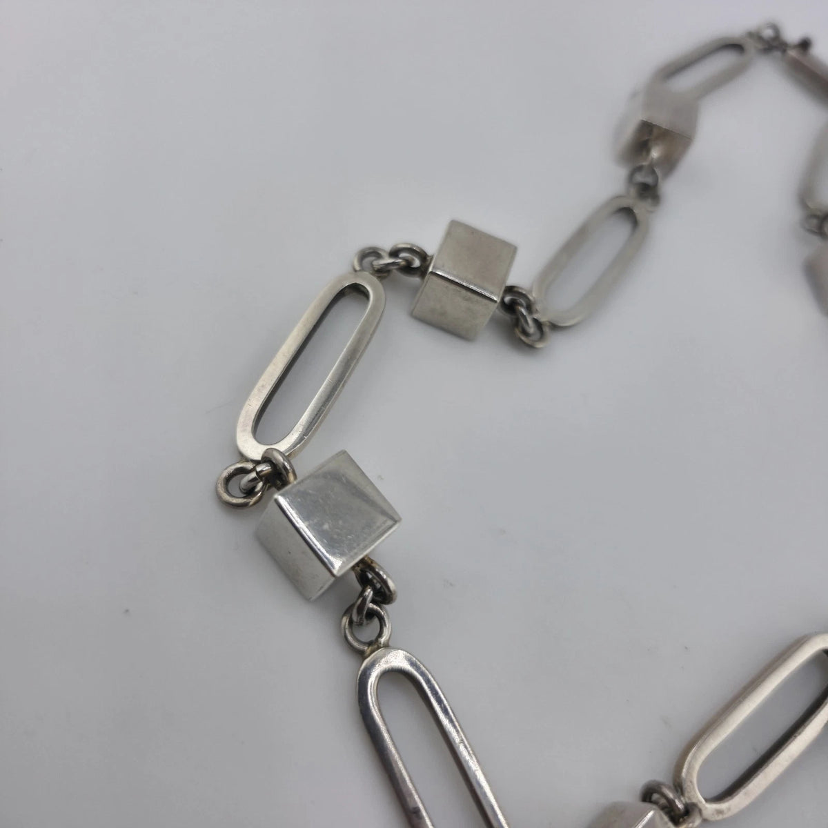 Vintage Sterling Silver 925 Mexico Geometric Cube Oval Link Necklace 80g 23"