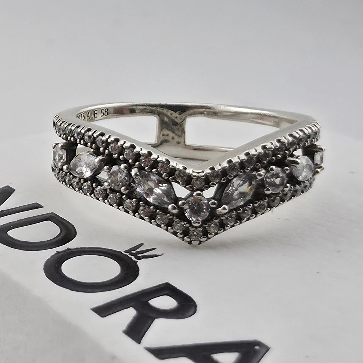 Pandora Sparkling Marquise Double Wishbone Ring Sterling Silver Size 8.5 Retired