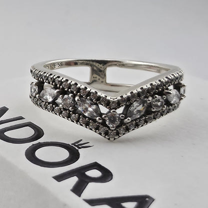 Pandora Sparkling Marquise Double Wishbone Ring Sterling Silver Size 8.5 Retired