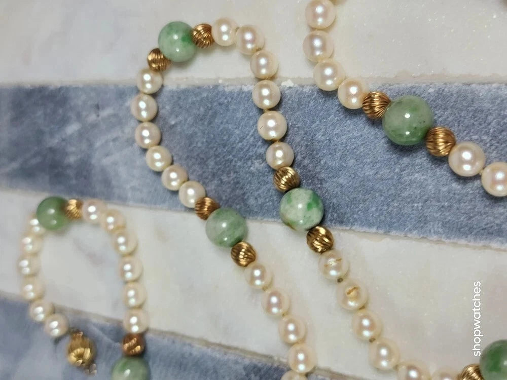 Pearl Jade Gold Beaded Necklace 30" 12K GF Beads 10K Gold Clasp Vintage