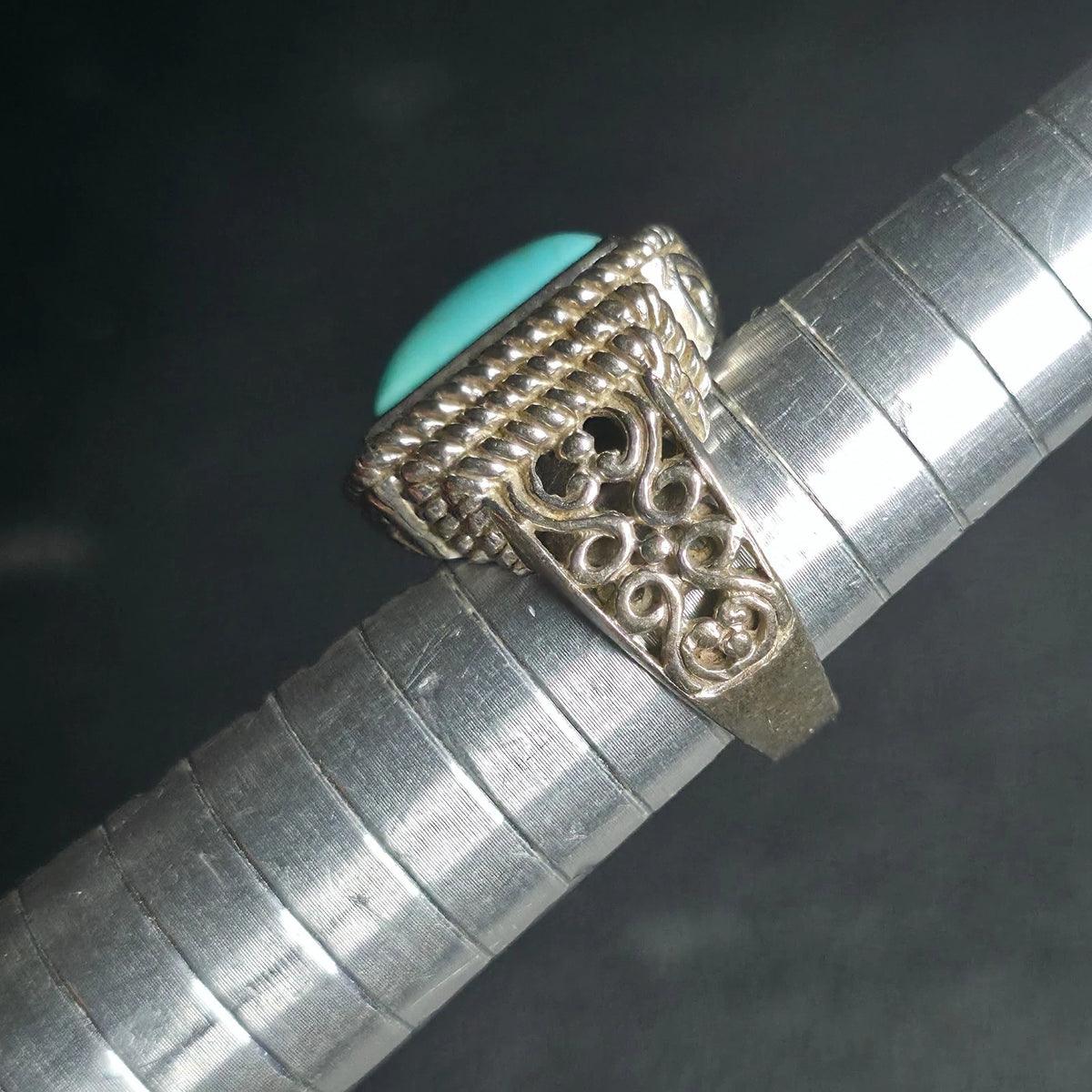 Vintage Sterling Silver Turquoise Ring Square Cabochon Rope Bezel Filigree Sz 6