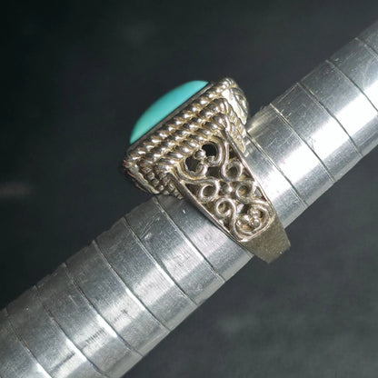 Vintage Sterling Silver Turquoise Ring Square Cabochon Rope Bezel Filigree Sz 6