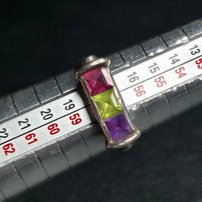 Mexican Sterling Silver Ring 3 Stone Bar Pink Green Purple Size 9
