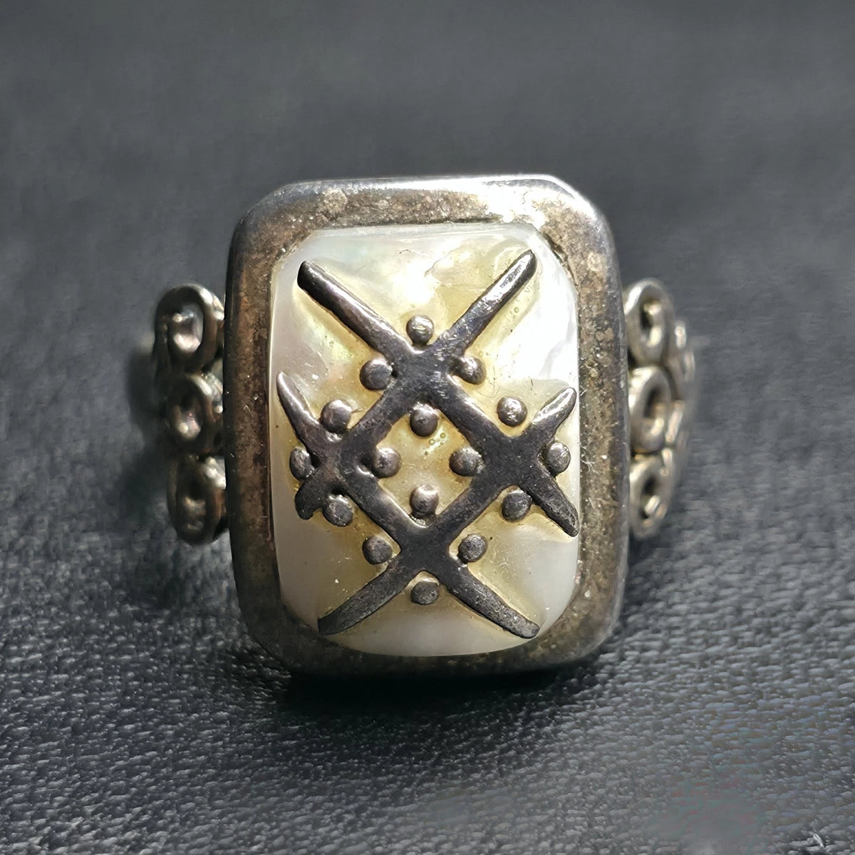 Sterling Silver 925 Mother of Pearl Statement Ring Size 7 Artisan Scroll Design