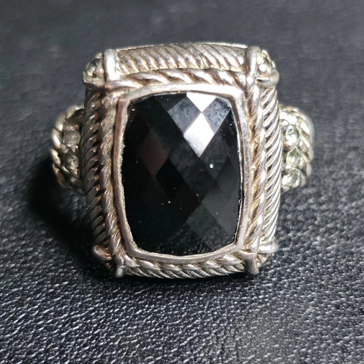 Judith Ripka Sterling Silver Black Onyx Ring Checkerboard CZ Accents Size 7.75
