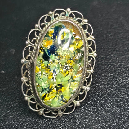 Sterling Silver Oval Filigree Ring Mottled Green/Yellow/Blue Cabochon Size 8 Vtg