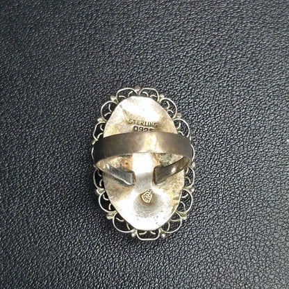 Sterling Silver Oval Filigree Ring Mottled Green/Yellow/Blue Cabochon Size 8 Vtg