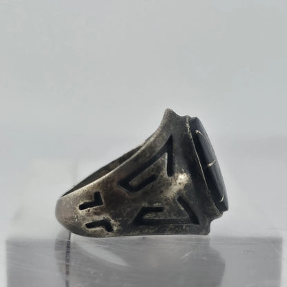 Vintage Sterling Silver Black Onyx Signet Ring Size 8 Inlay Sunburst Patina
