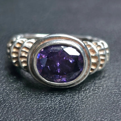 Sterling Silver Purple Oval Faceted Stone Ring Sz 9.25 Beaded Band
