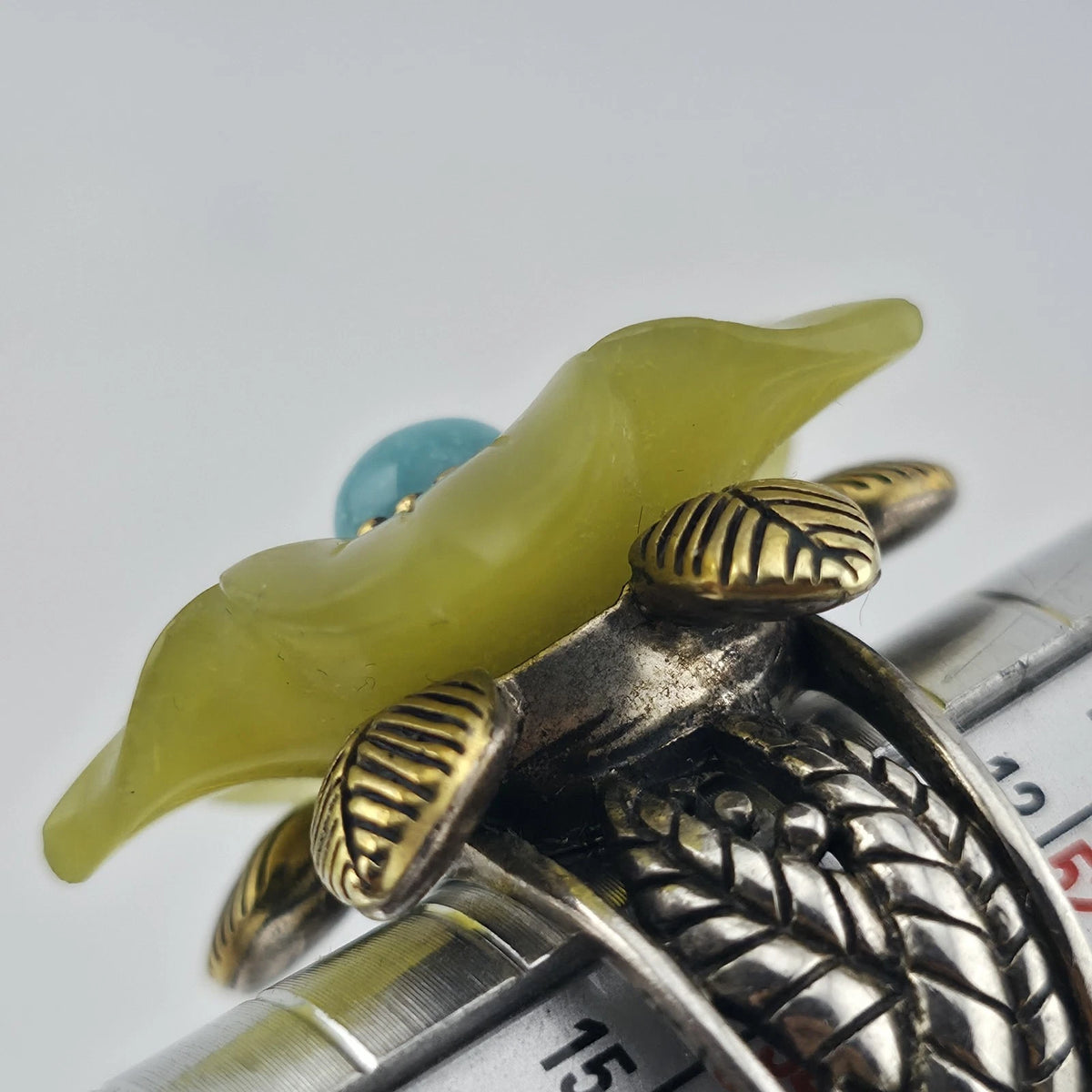 Sterling Silver Bronze Flower Ring Size 7 Yellow Floral Turquoise Cabochon 925