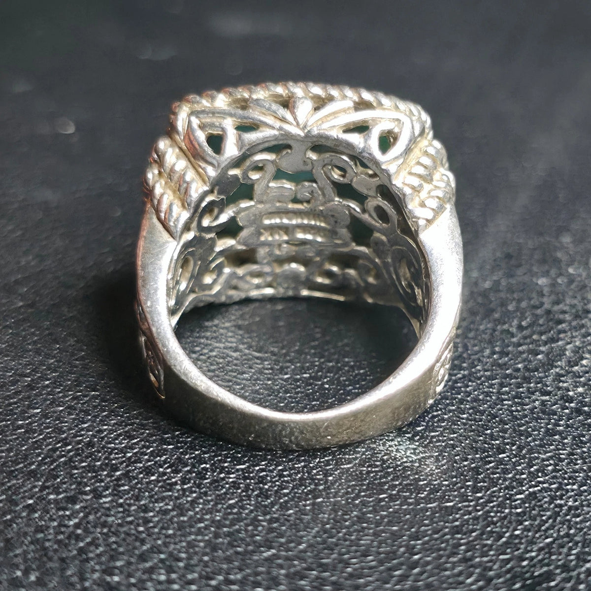 Vintage Sterling Silver Turquoise Ring Square Cabochon Rope Bezel Filigree Sz 6