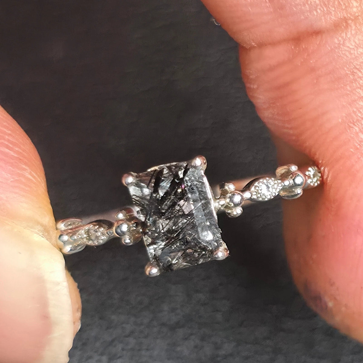 Sterling Silver 925 Black Rutilated Quartz Ring Size 10 Dainty Ornate Solitaire